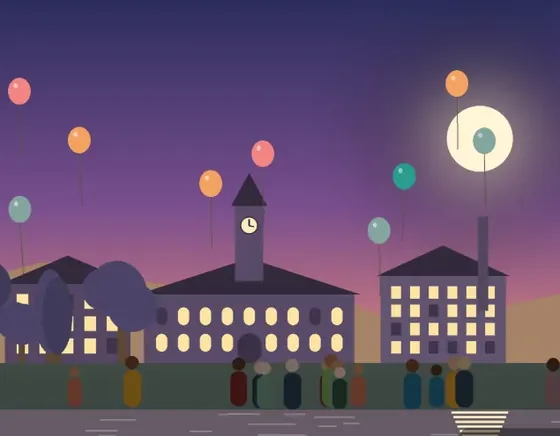Illustration: balloons over the lit college buildings at night