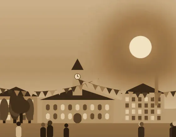 Illustration in sepia: the college by the river, as an old photograph