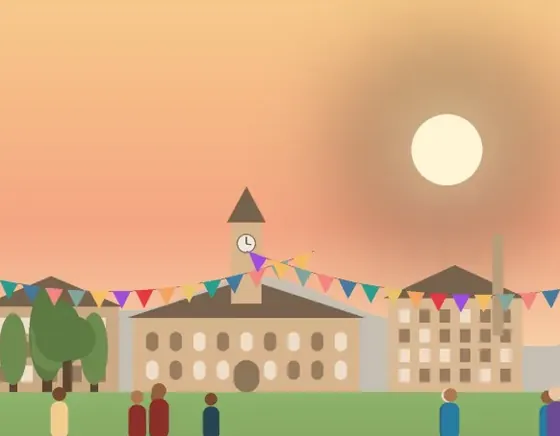 Illustration: the college by the river at sunset, with bunting and people on the lawn