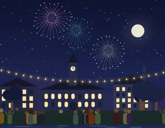 Illustration: fireworks over the river and the college at night