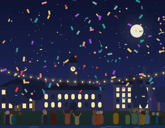 Illustration: confetti over a crowd on the lawn at night