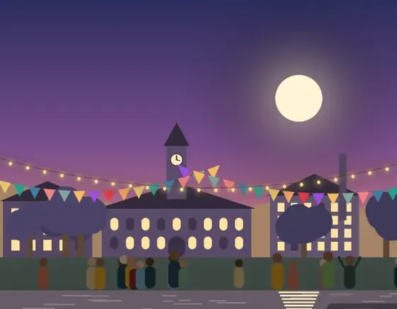 Illustration: strings of lights and bunting over the college at dusk