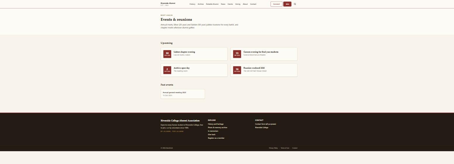 The AlumDeck events page listing upcoming reunions and meetups with dates and locations