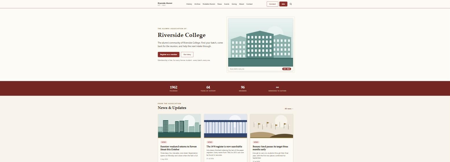 An AlumDeck alumni site home page showing the welcome banner, member count and latest news items