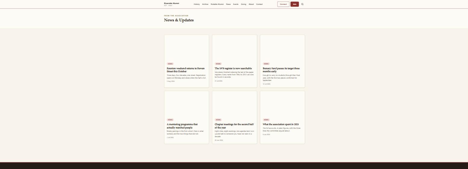 The AlumDeck news index on a college alumni site, showing published articles with cover images and dates