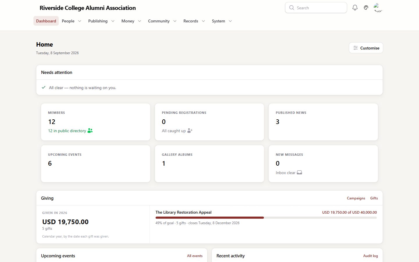 The same admin dashboard rendered in the console theme. The sidebar is gone and the navigation runs horizontally across the top, from Dashboard and Membership through to Settings and Giving. The page is headed Home, with a Needs attention card above two panels, Recent activity and Upcoming events. One activity row records that an admin session was terminated because the browser signature changed mid-session.