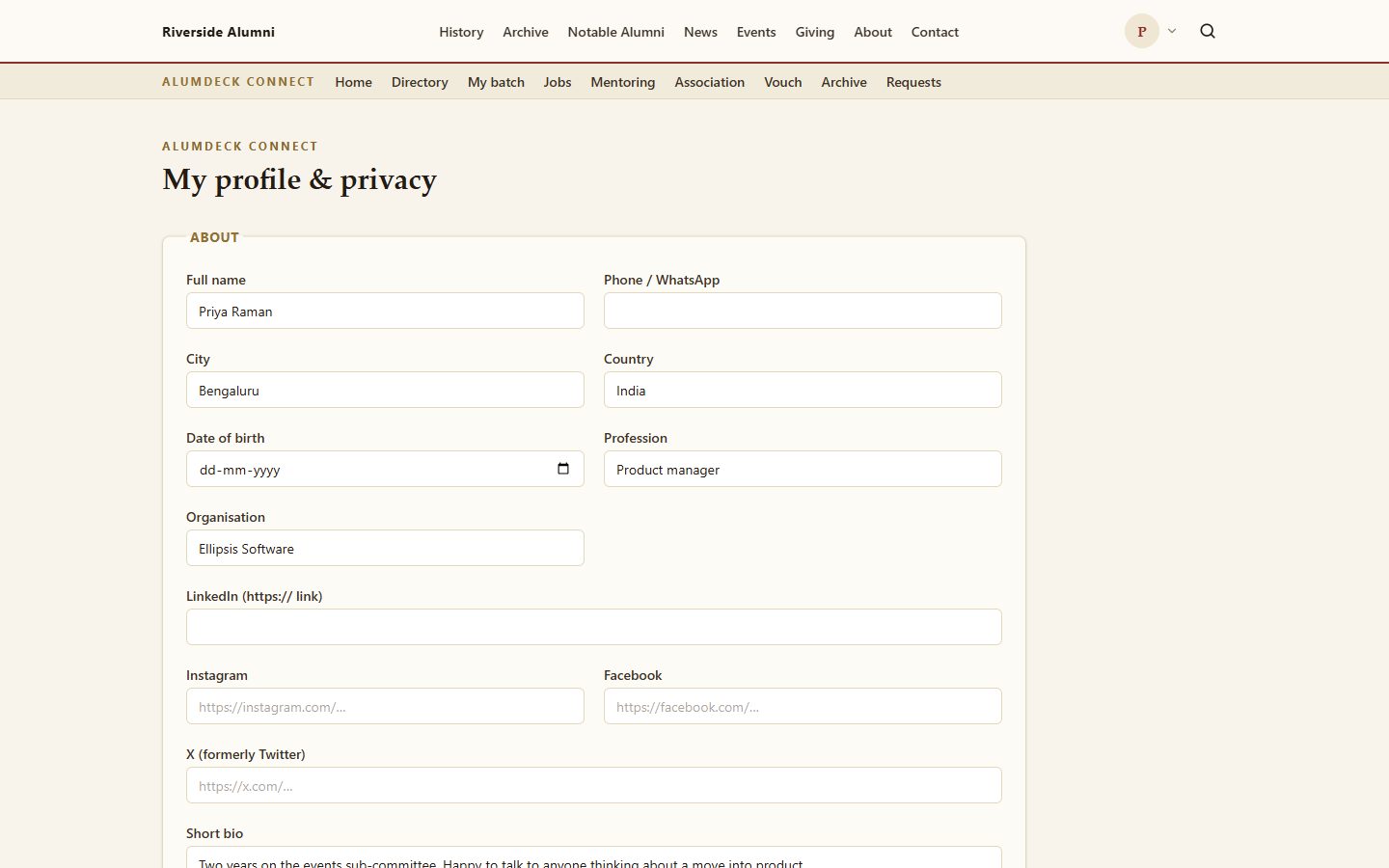 The member area profile screen on the demo site, headed My profile and privacy. An About panel holds filled boxes for full name, city, country, profession and organisation, an empty phone and WhatsApp box, a date of birth picker, and address boxes for LinkedIn, Instagram, Facebook and X, with a short biography box starting below them.