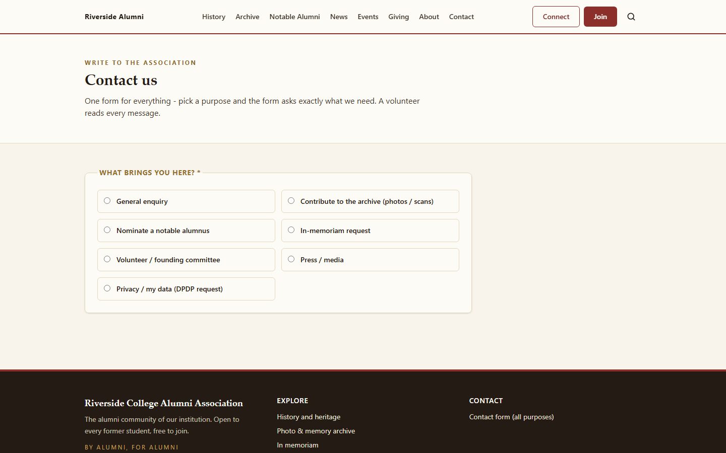 The public Contact us page on the demo site, showing a required question, What brings you here, with radio options including general enquiry, contribute to the archive with photos or scans, nominate a notable alumnus, an in-memoriam request, volunteer, press and media, and a privacy request.