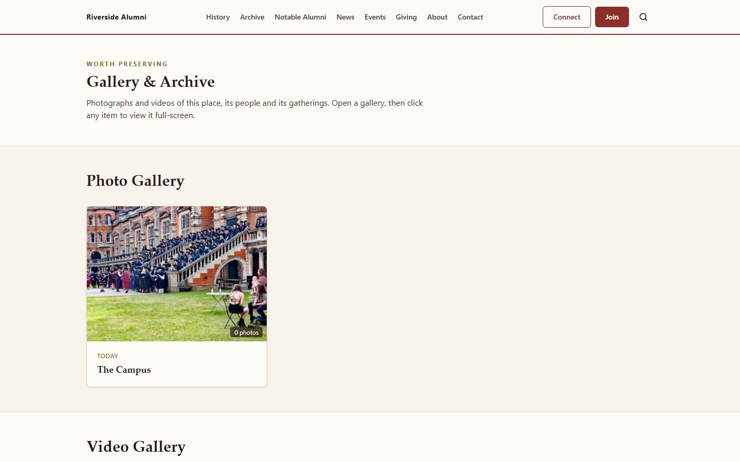 The public Gallery and Archive page on the demo site, headed Worth preserving, with a Photo Gallery heading above one album card showing a photograph of a graduation crowd on steps, a photo count badge, an era label reading TODAY and the album title The Campus, and a Video Gallery heading below.