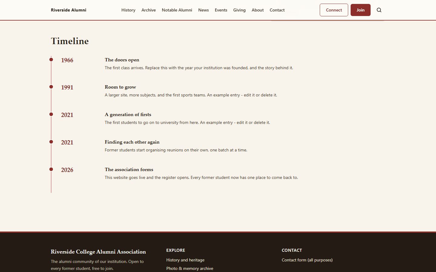The public history page on the demo site showing a vertical timeline with five dated entries, 1966, 1991, 2021, 2021 and 2026, each with a heading and a sentence, joined by a line with a dot at every year.