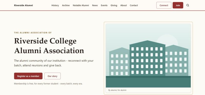 The AlumDeck front end running as a college alumni association, showing the hero, member count and latest news
