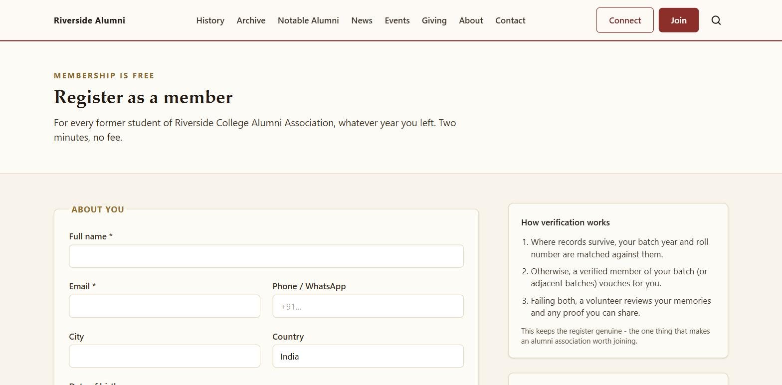 The public join form on the demo site, headed "Register as a member", with fields for full name, email, phone, city and country, beside a panel headed "How verification works" listing three steps: matching your batch year and roll number against surviving records, a vouch from a verified member of your batch, and a volunteer reviewing your memories.