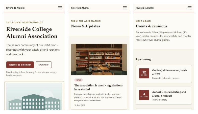 Three phone screens side by side showing the same AlumDeck install: the alumni home page, the news index and the events list, in the mobile layout