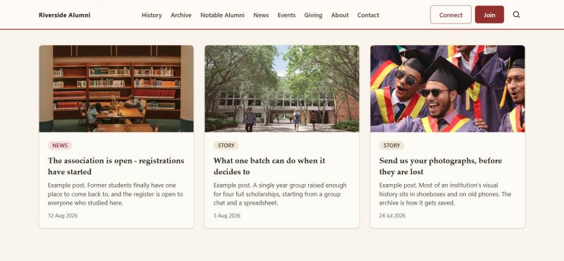The AlumDeck news index showing six published articles with cover images and dates