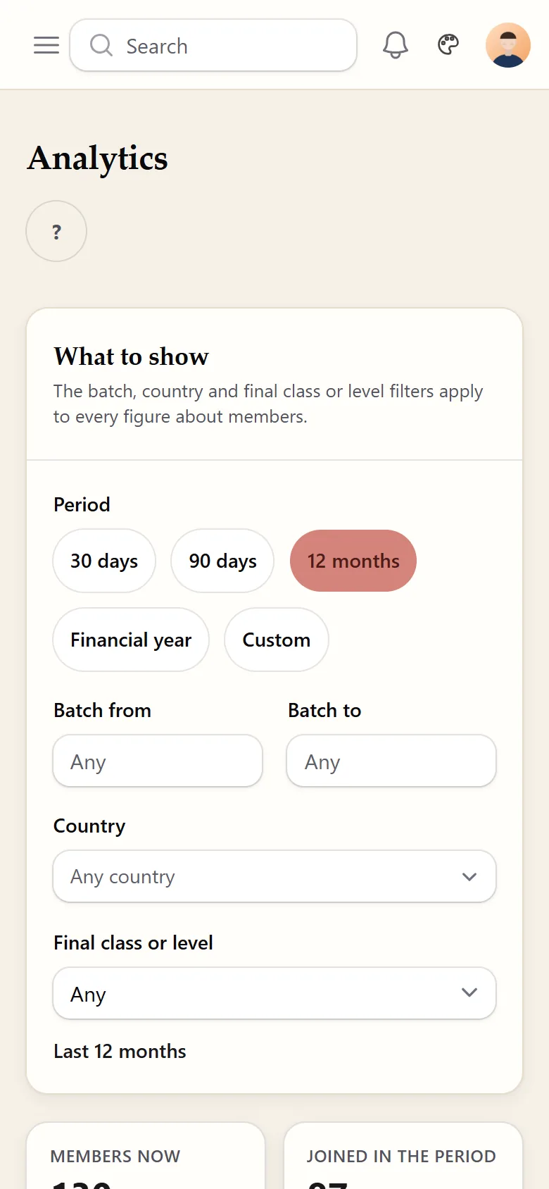 Analytics in the admin panel on a phone: period buttons for 30 days, 90 days, 12 months, the financial year or custom dates, and filters for batch, country and class