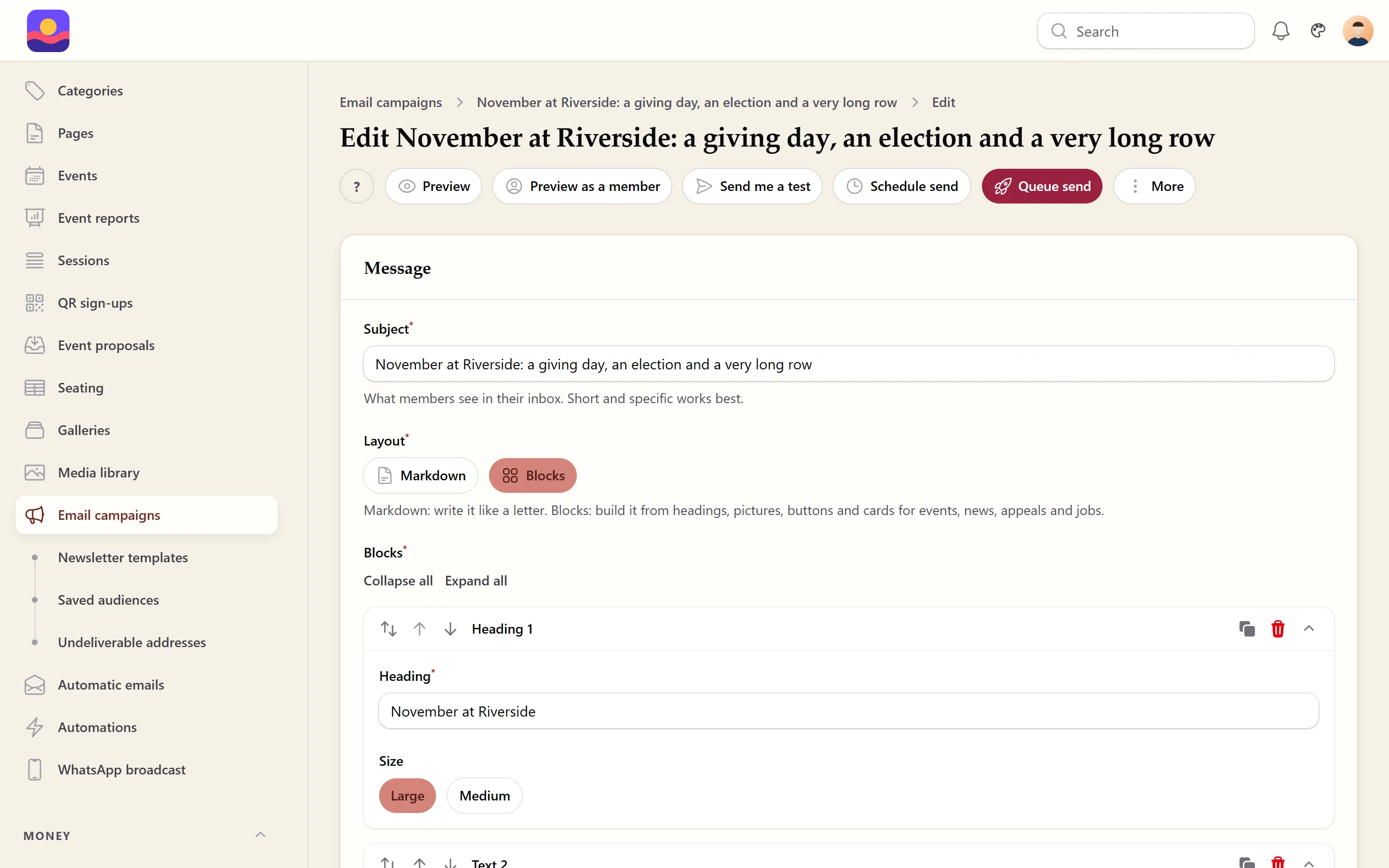 Editing an email campaign in the admin panel: buttons to preview, preview as a member, send a test, schedule and queue the send; the subject, the choice between Markdown and blocks, and the first block, a heading