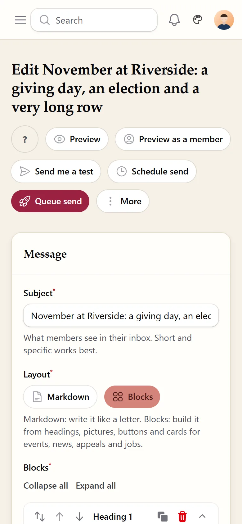 Editing an email campaign in the admin panel on a phone: buttons to preview, send a test, schedule and queue the send, the subject and the choice between Markdown and blocks