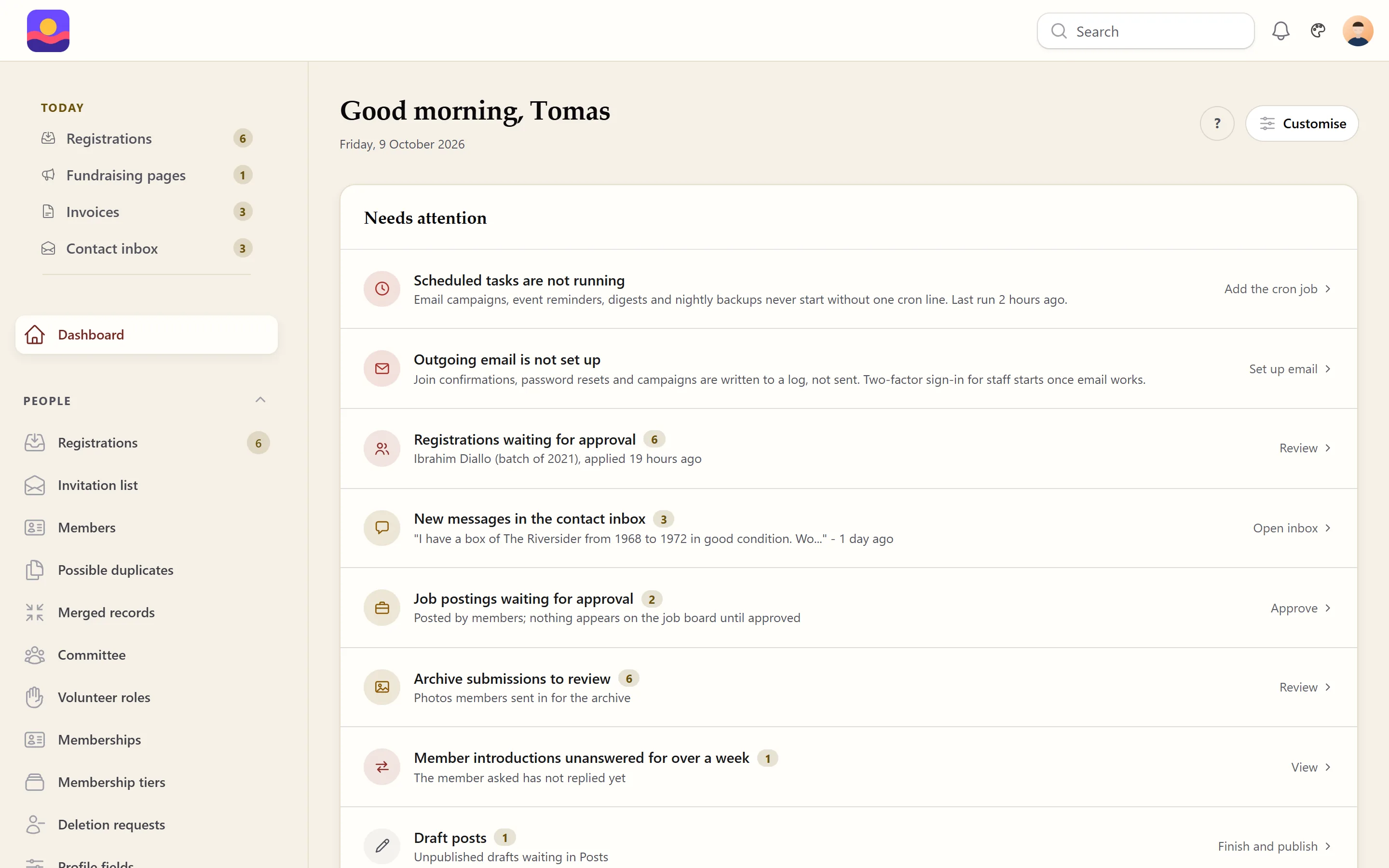 Admin dashboard: a greeting, a Today list in the side menu and a Needs attention queue: two set-up reminders, then registrations to approve, contact messages, job postings, archive photos and member introductions