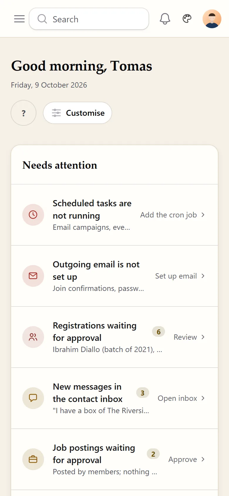 Admin dashboard on a phone: a greeting and the Needs attention queue