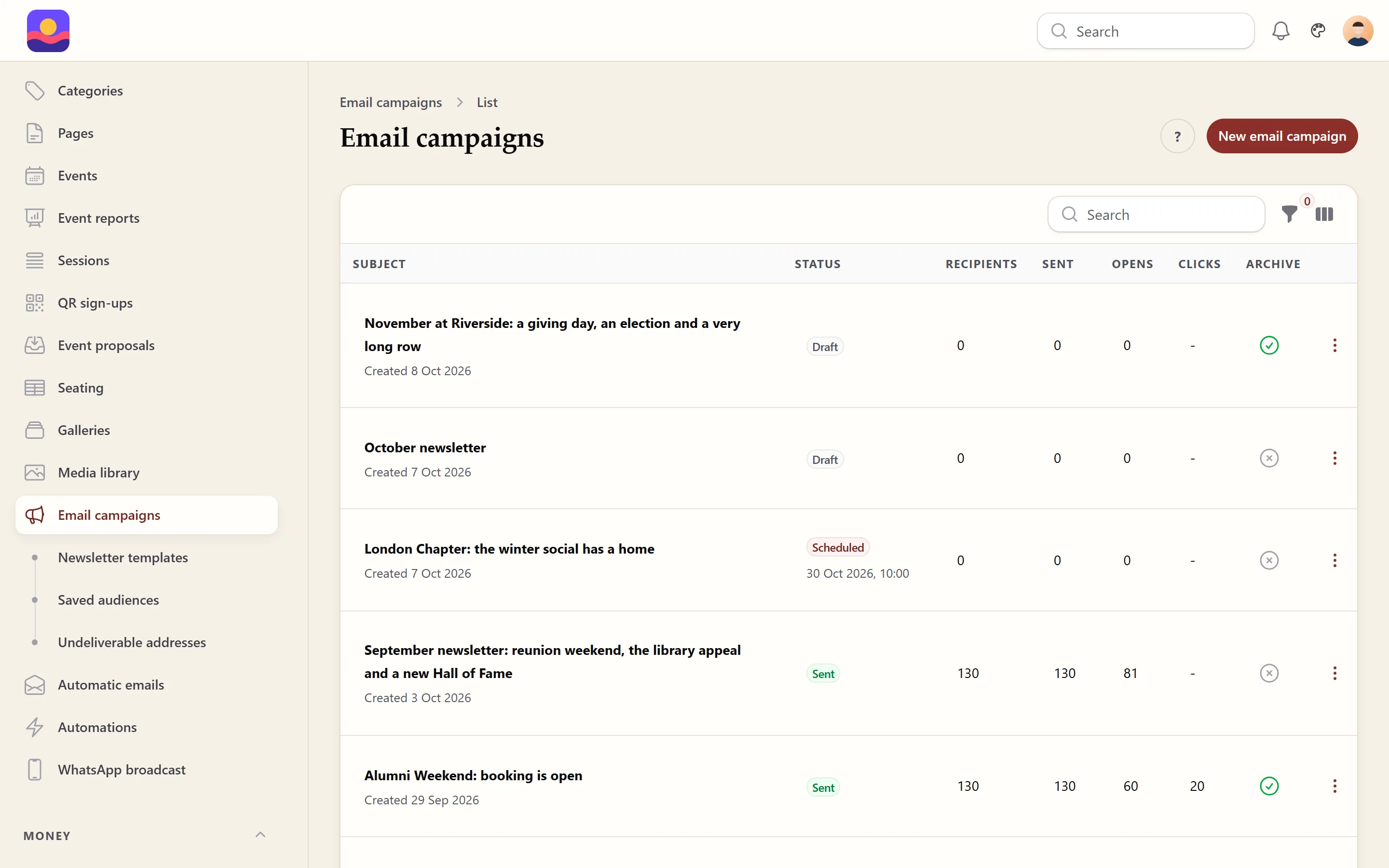 Email campaigns in the admin panel: each campaign with its status, such as draft, scheduled or sent, and its recipients, sent, opens and clicks