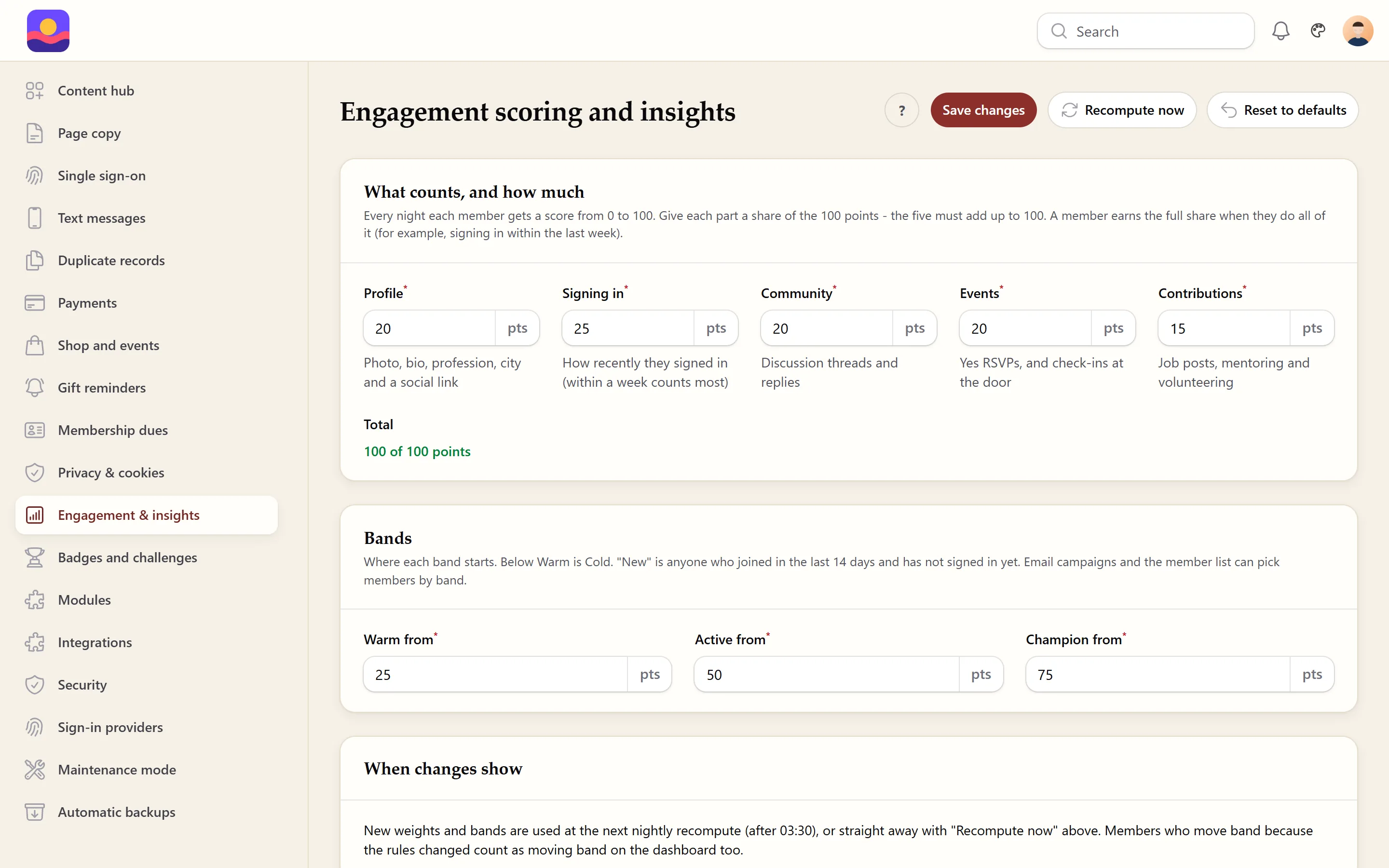 Engagement scoring and insights settings: the points for profile, signing in, community, events and contributions, adding up to 100, and where the Warm, Active and Champion bands start