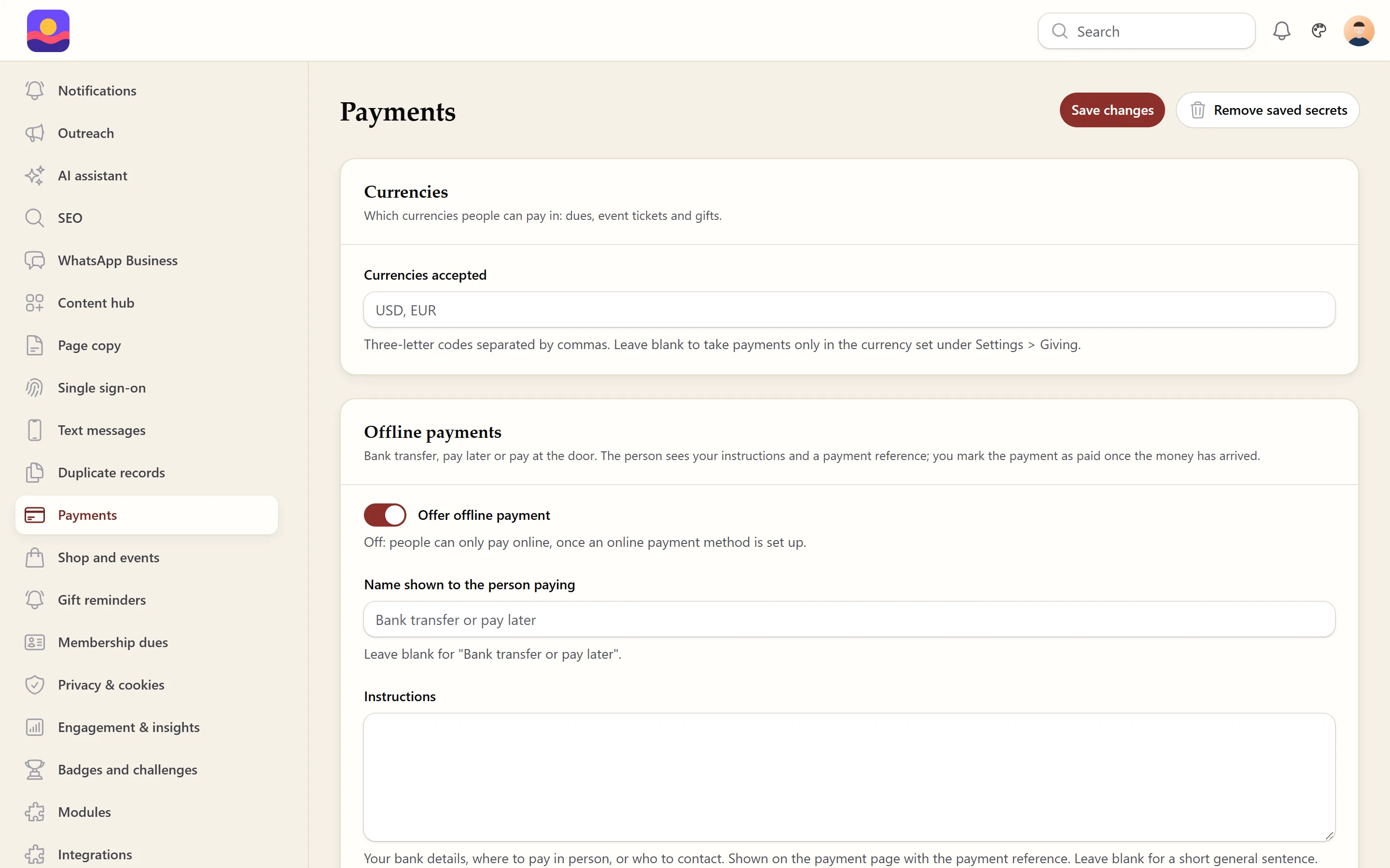 Payments settings in the admin panel: the currencies people can pay in, and the pay-later choice with the name payers see and your instructions