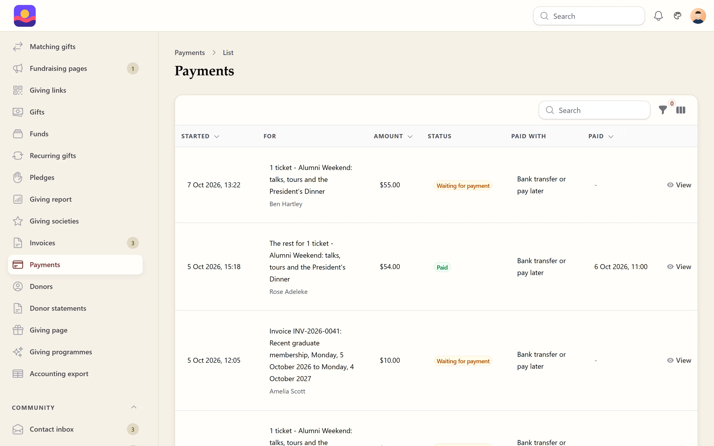 Payments list in the admin panel: when each payment started, what it is for, the amount, its status and how it is being paid, with a View link on each row