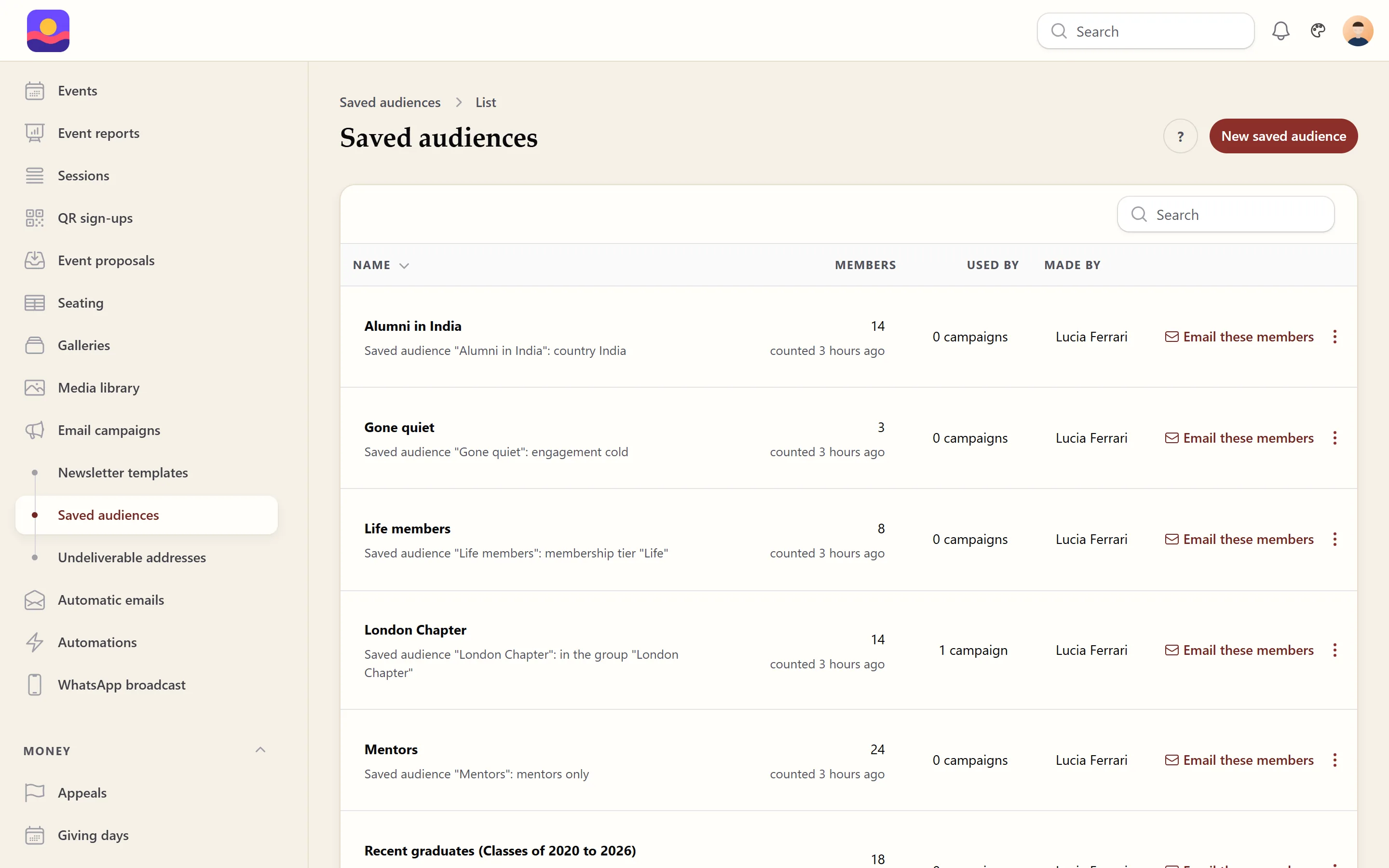 Saved audiences in the admin panel: each audience with its number of members, the campaigns that use it, who made it and an Email these members button