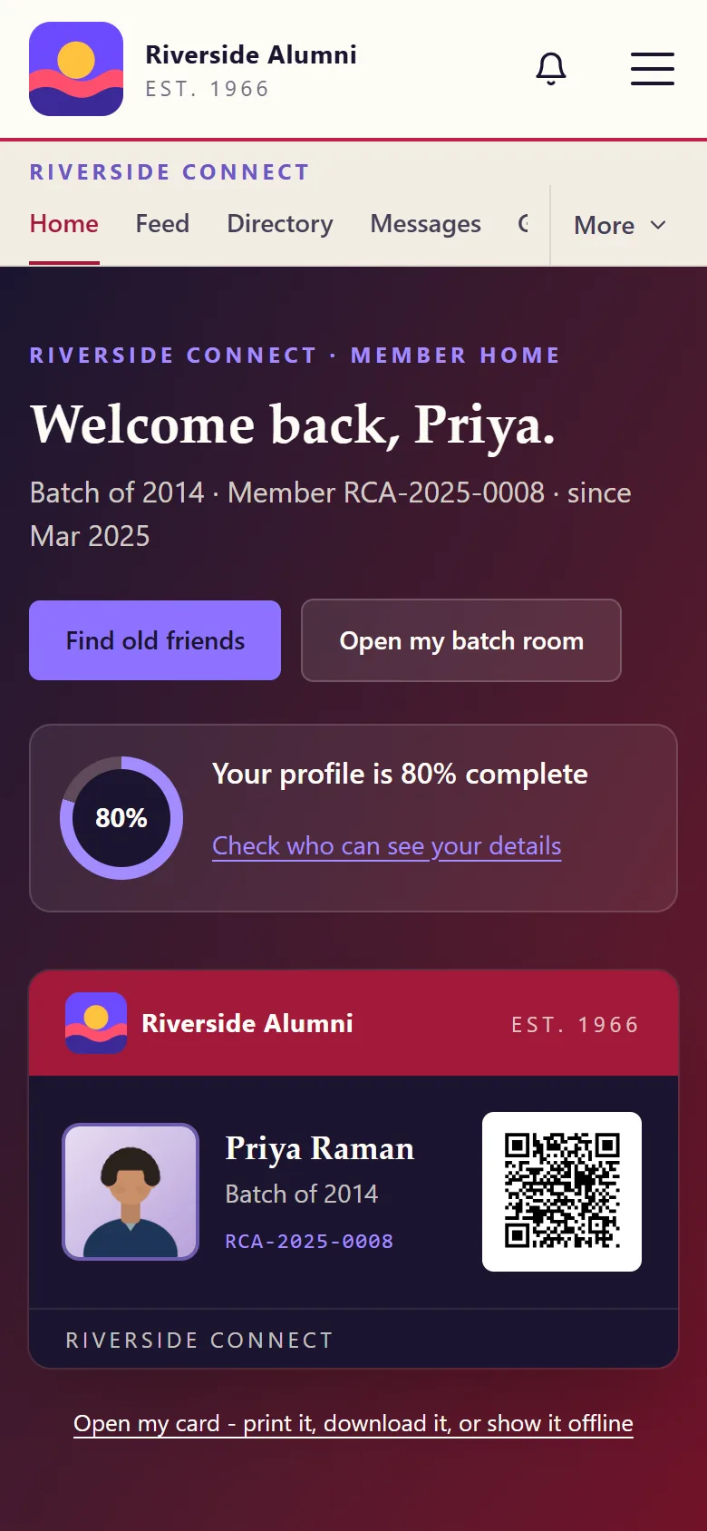 Member home on a phone: a welcome by name, buttons to find old friends and open the batch room, a profile-completeness ring and the membership card with its QR code