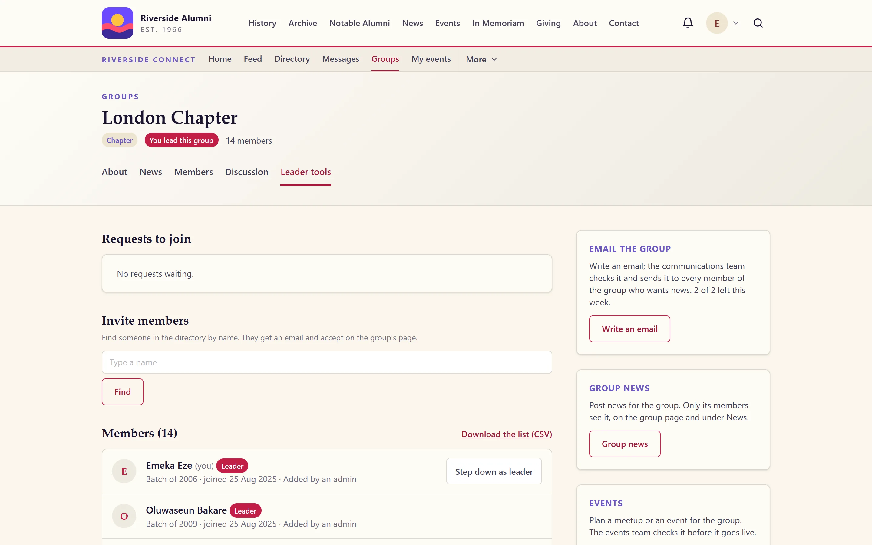 Leader tools of a chapter in the member area: requests to join, a box to invite members and the member list with a spreadsheet download, beside panels to email the group, post group news and propose an event