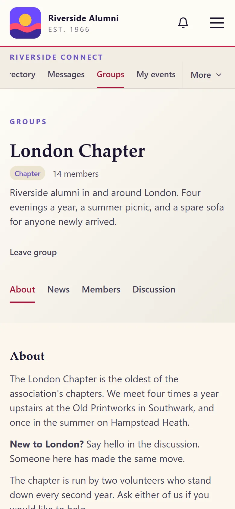 A chapter page in the member area on a phone: London Chapter with its tabs and the About text