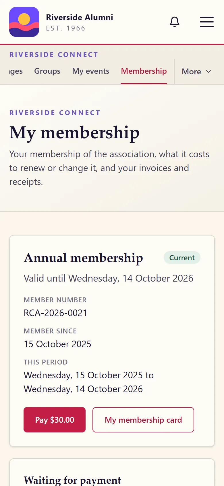 My membership on a phone: an annual membership with its dates and member number and a button to pay the invoice