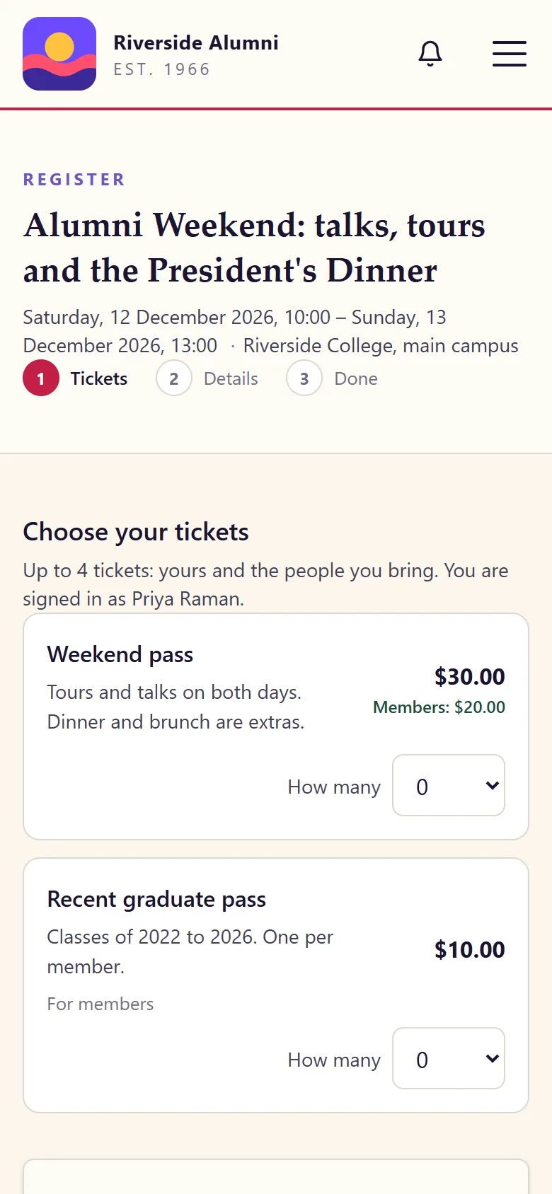 Registering for the Alumni Weekend on a phone, step 1 of 3: ticket types with their prices and a lower member price
