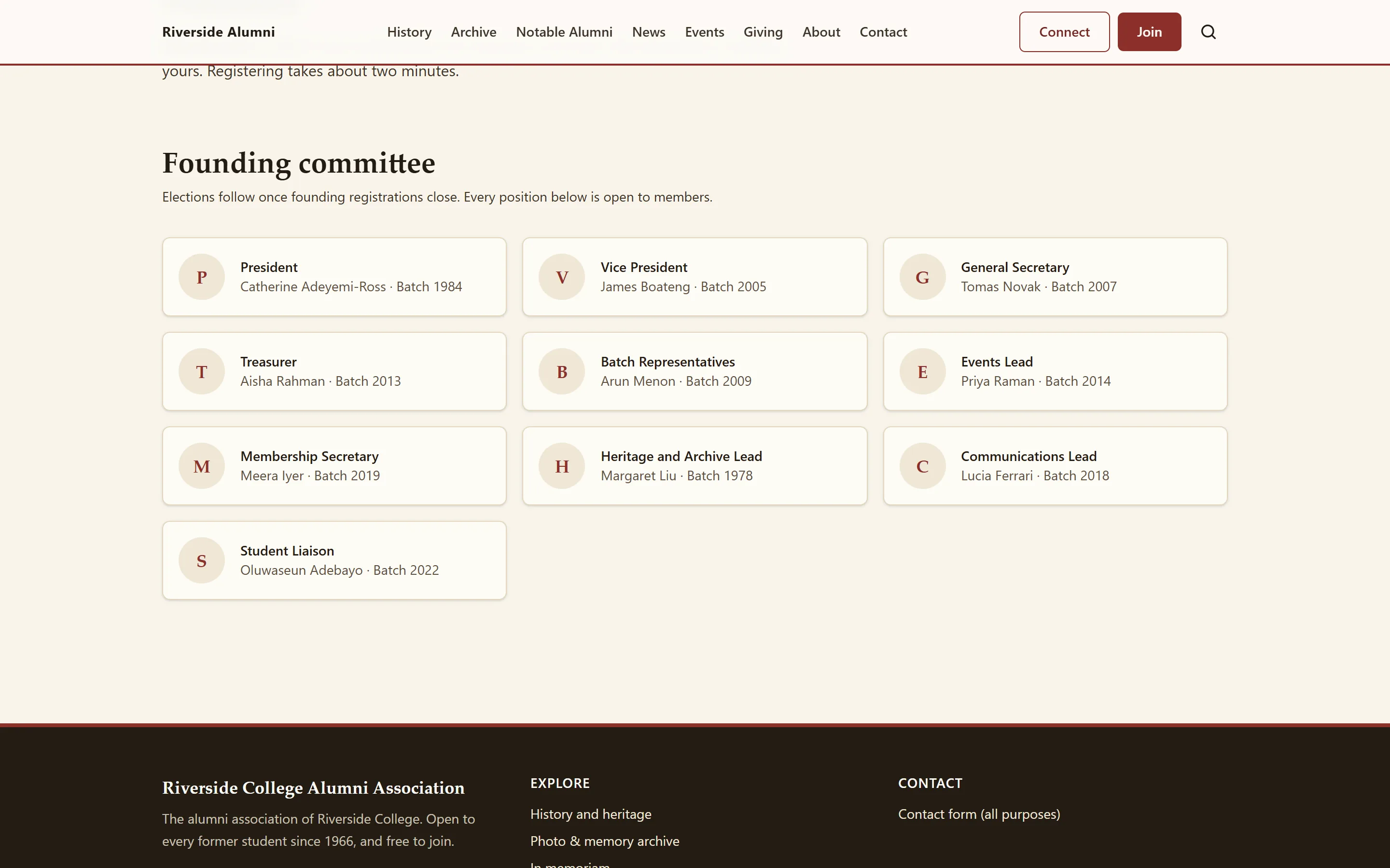 The About page with the committee list in the demo