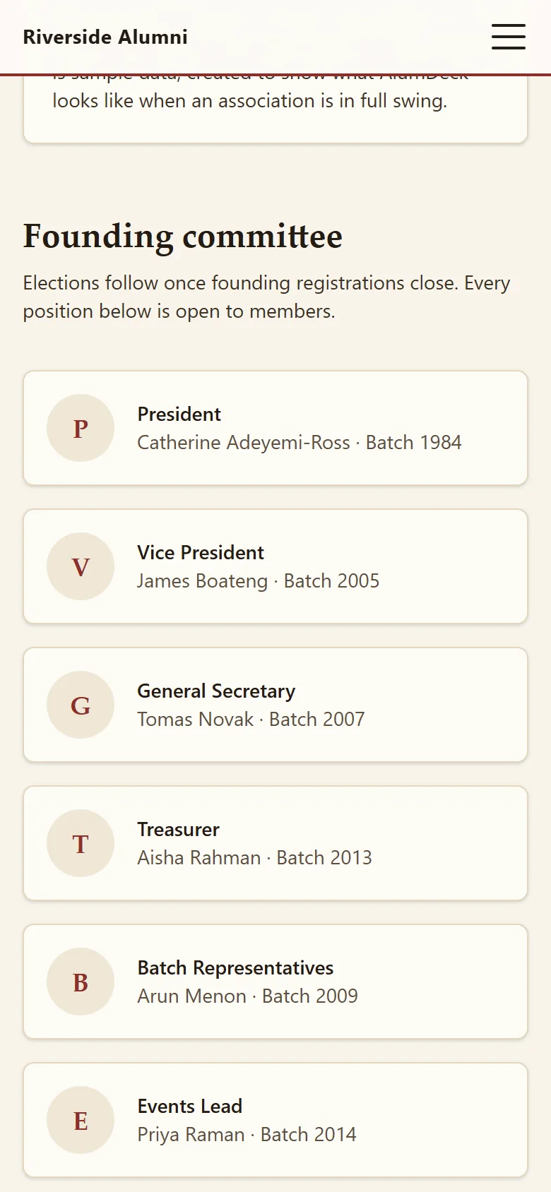 The demo association About page on a phone, listing the committee with each officer and their class year