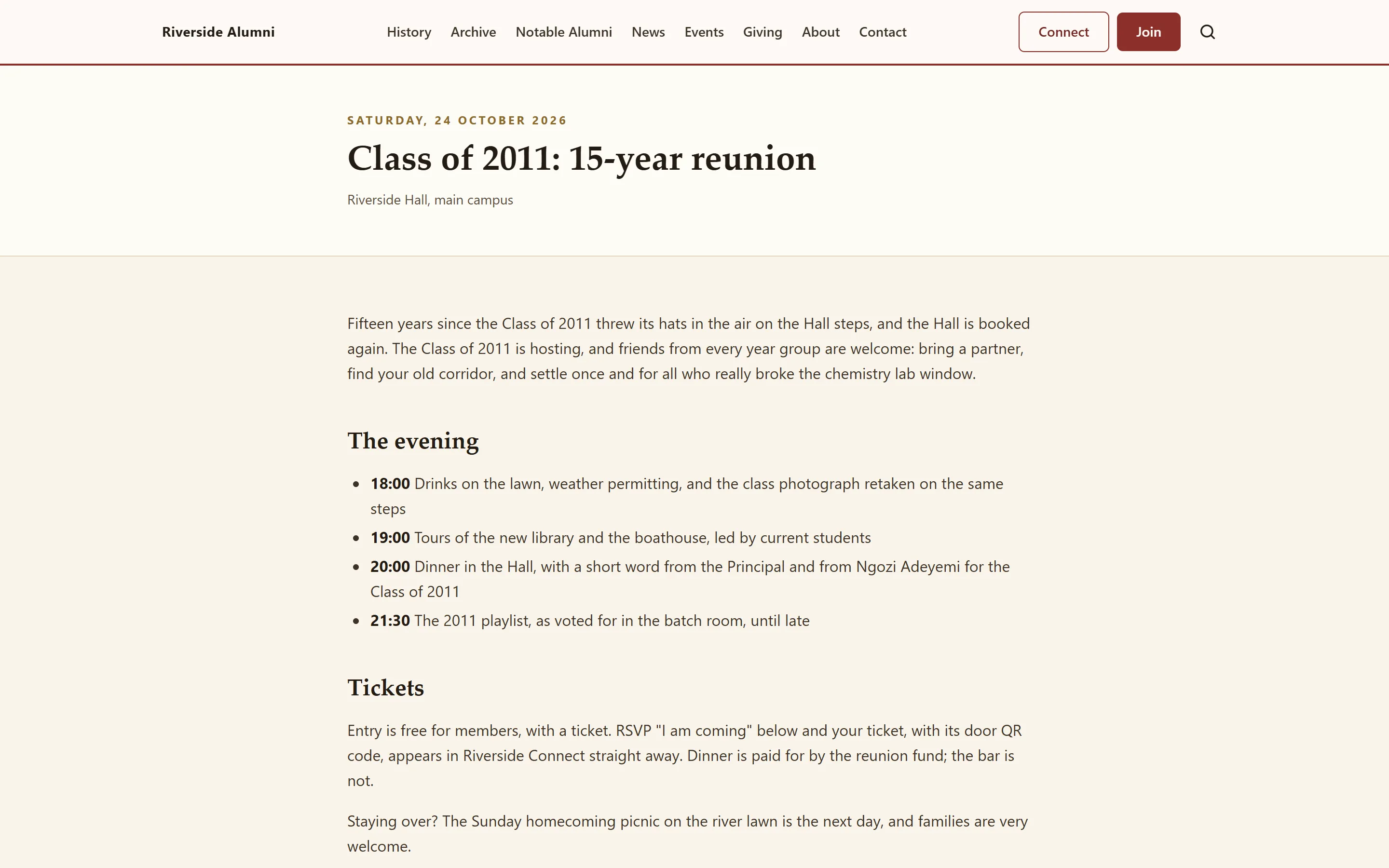 Class of 2011 15-year reunion event page with the date, venue and the evening's programme