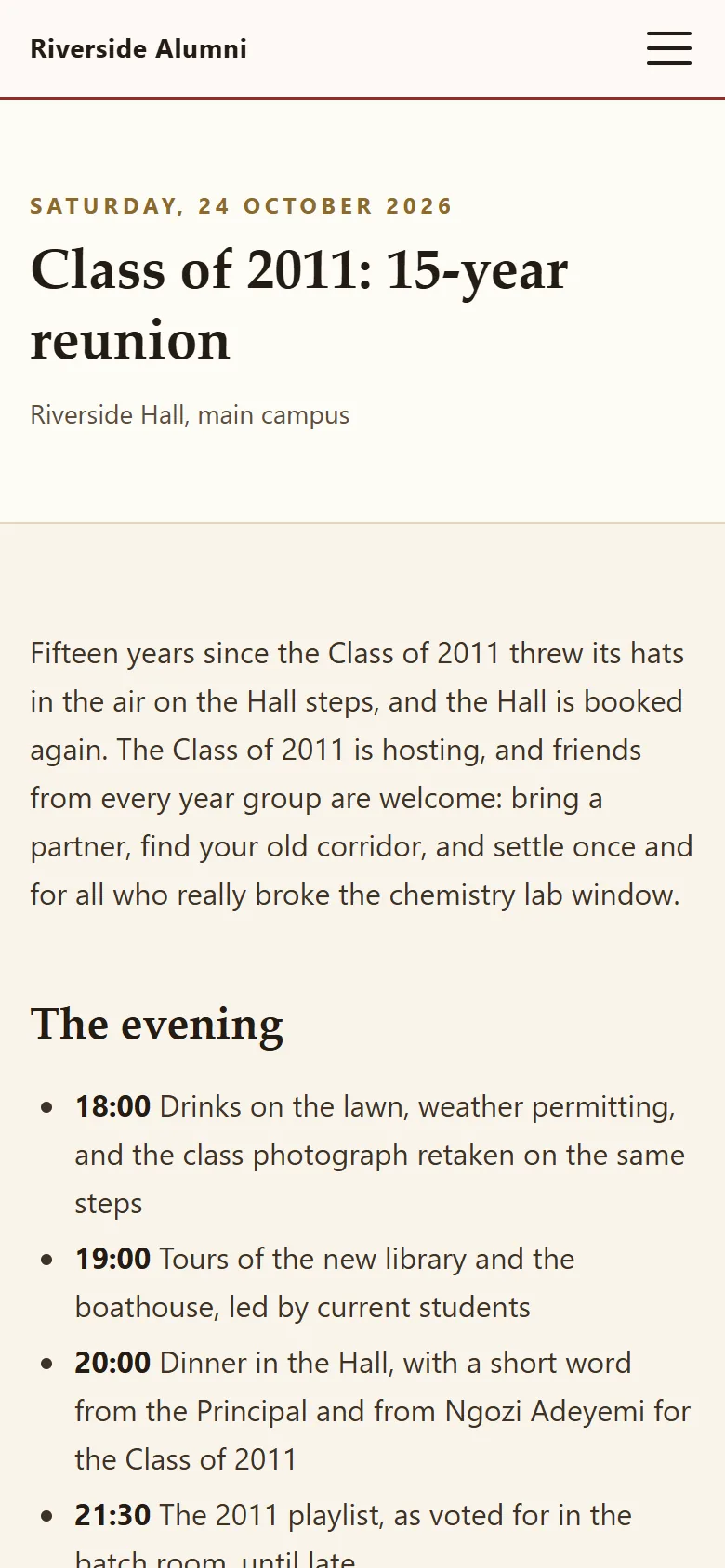 Class of 2011 15-year reunion event page with the date, venue and the evening's programme