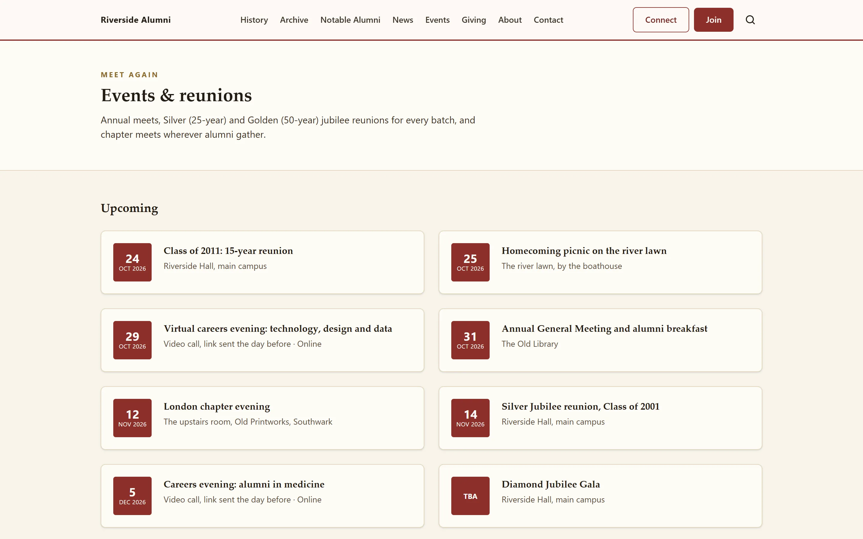 Events and reunions list showing upcoming reunions, a homecoming picnic, a virtual careers evening and the AGM, with date badges