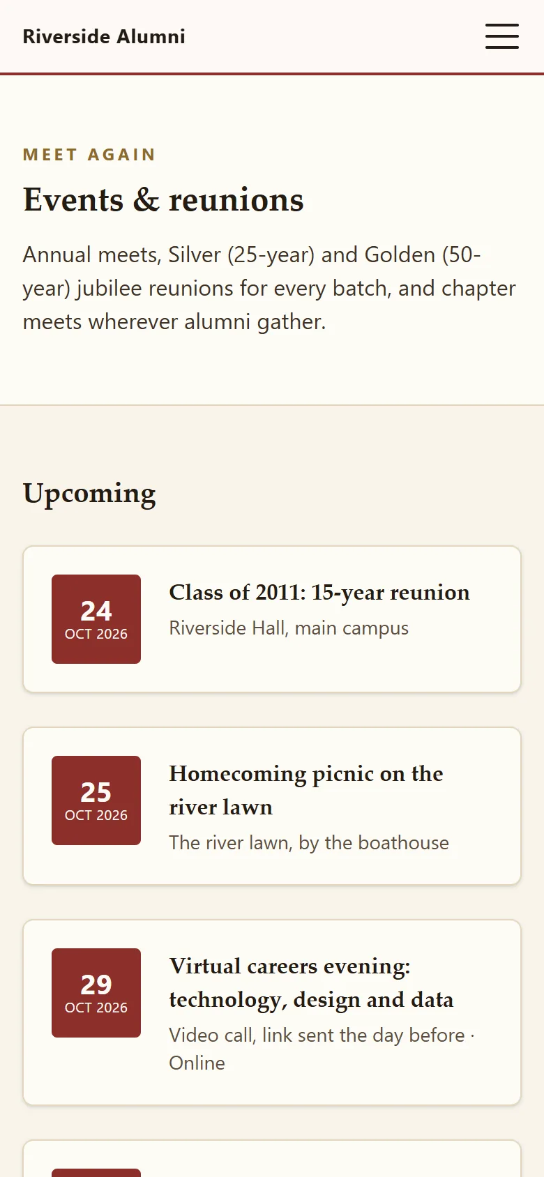 Events and reunions list showing upcoming reunions, a homecoming picnic, a virtual careers evening and the AGM, with date badges