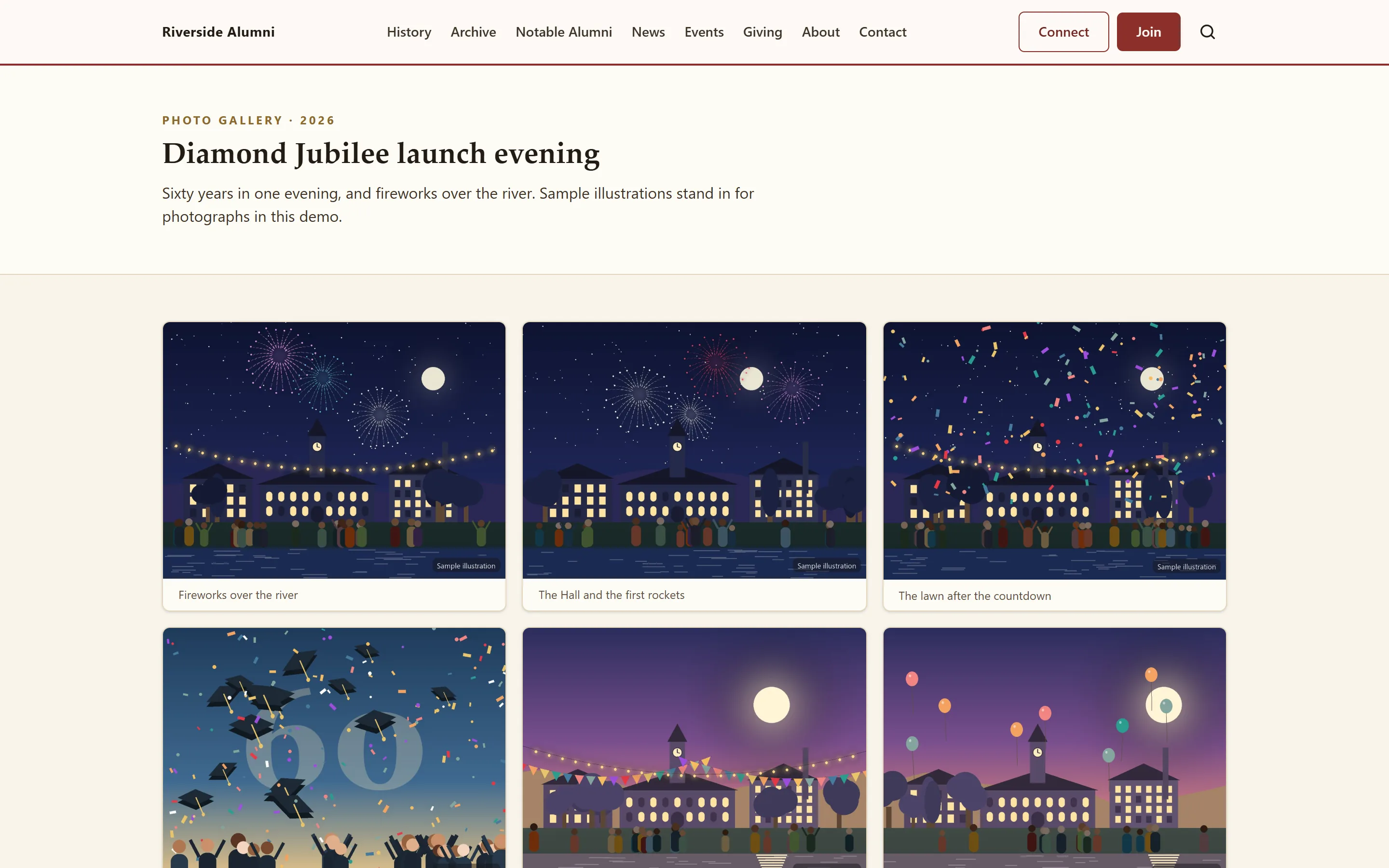 A demo photo album of a launch evening, shown as a grid of captioned illustrations