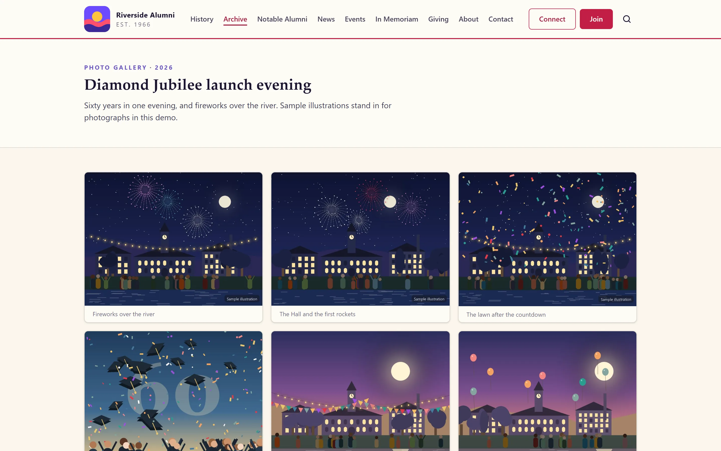 A photo album of the Diamond Jubilee launch evening, shown as a grid of sample illustrations with captions