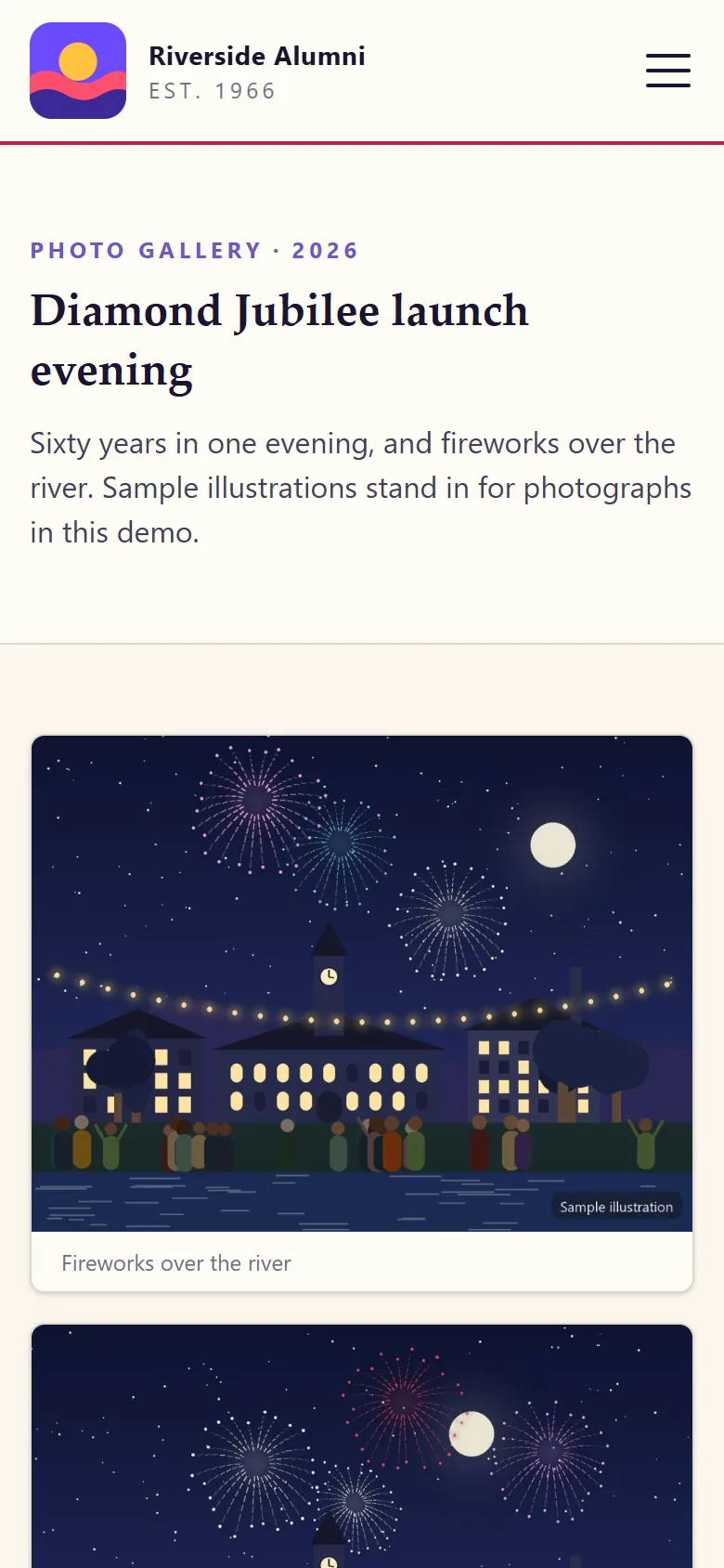 A photo album of the Diamond Jubilee launch evening on a phone, sample illustrations with captions