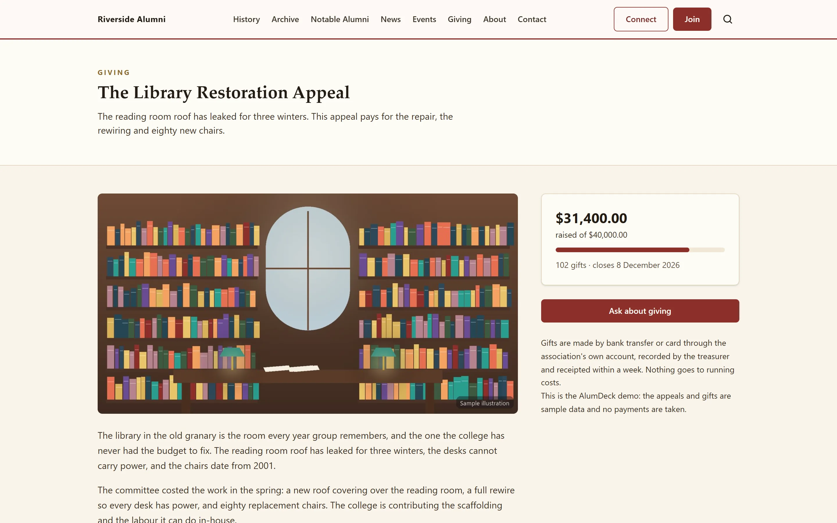 Library Restoration Appeal campaign page with the appeal story, amount raised against the goal, a progress bar and the named donors