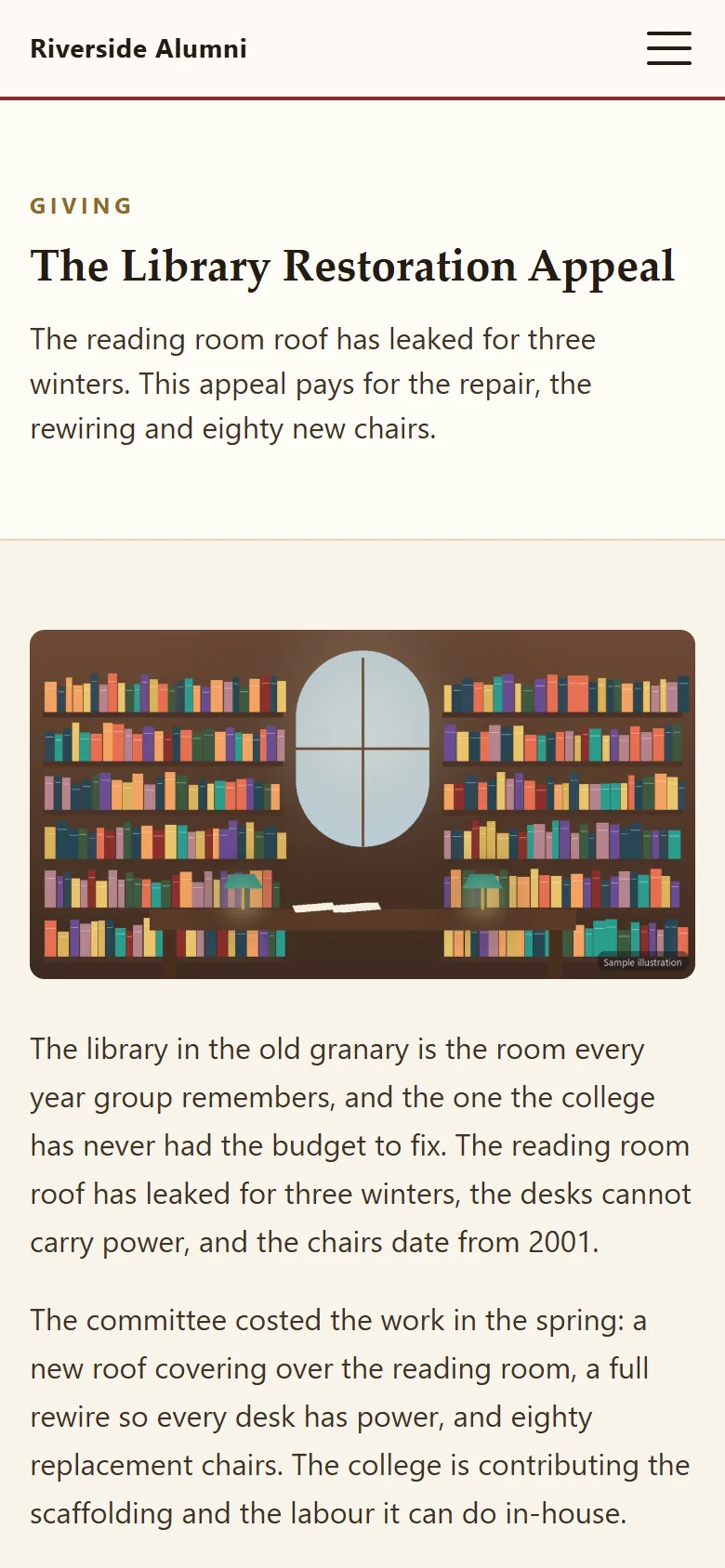 Library Restoration Appeal campaign page with the appeal story, amount raised against the goal, a progress bar and the named donors