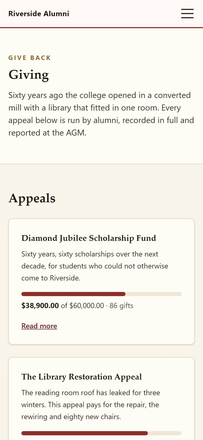 Giving page with three appeals and their progress, plus the causes the association raises money for