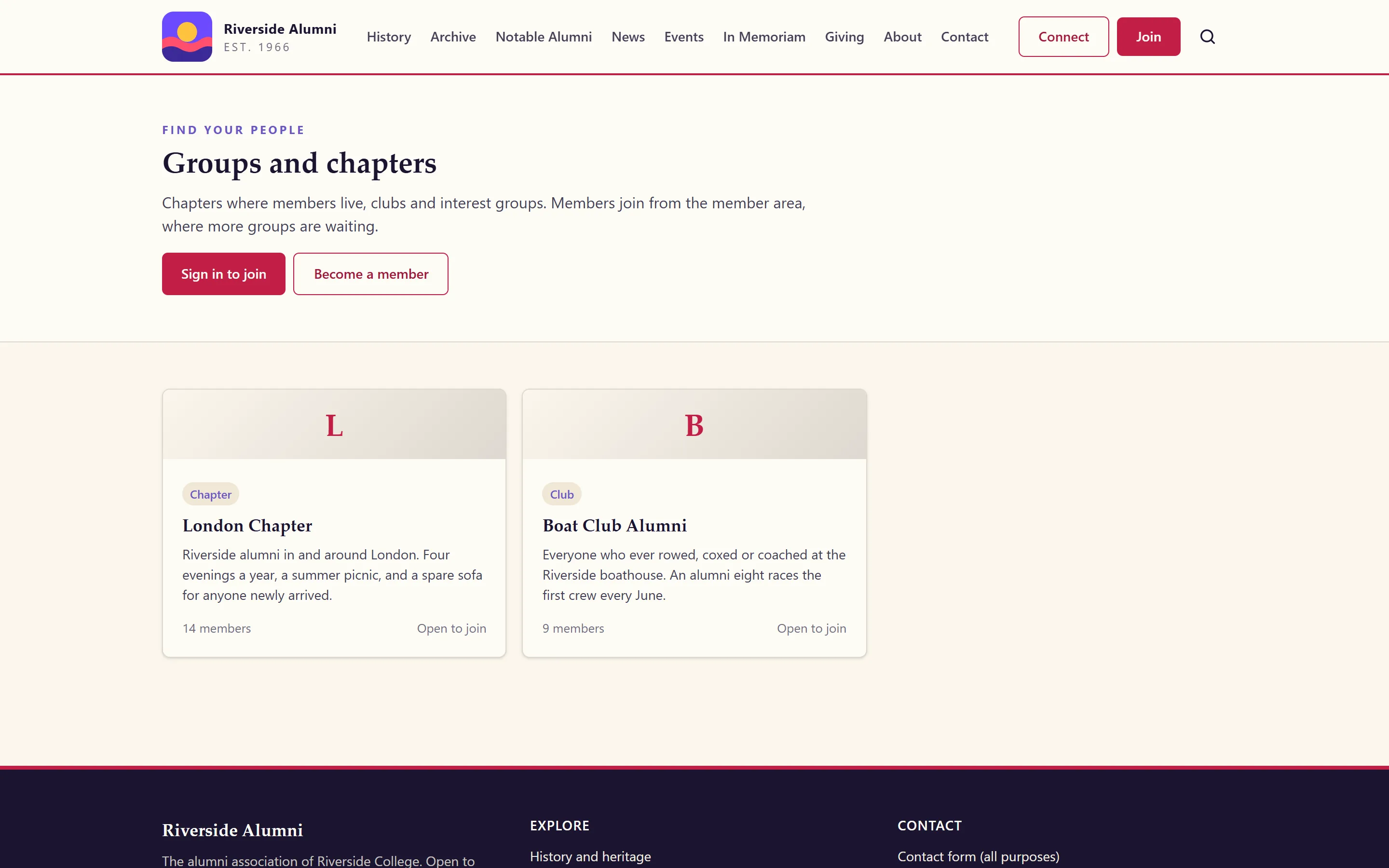 Public Groups and chapters page: an introduction with buttons to sign in to join or become a member, and a card for each group anyone may see
