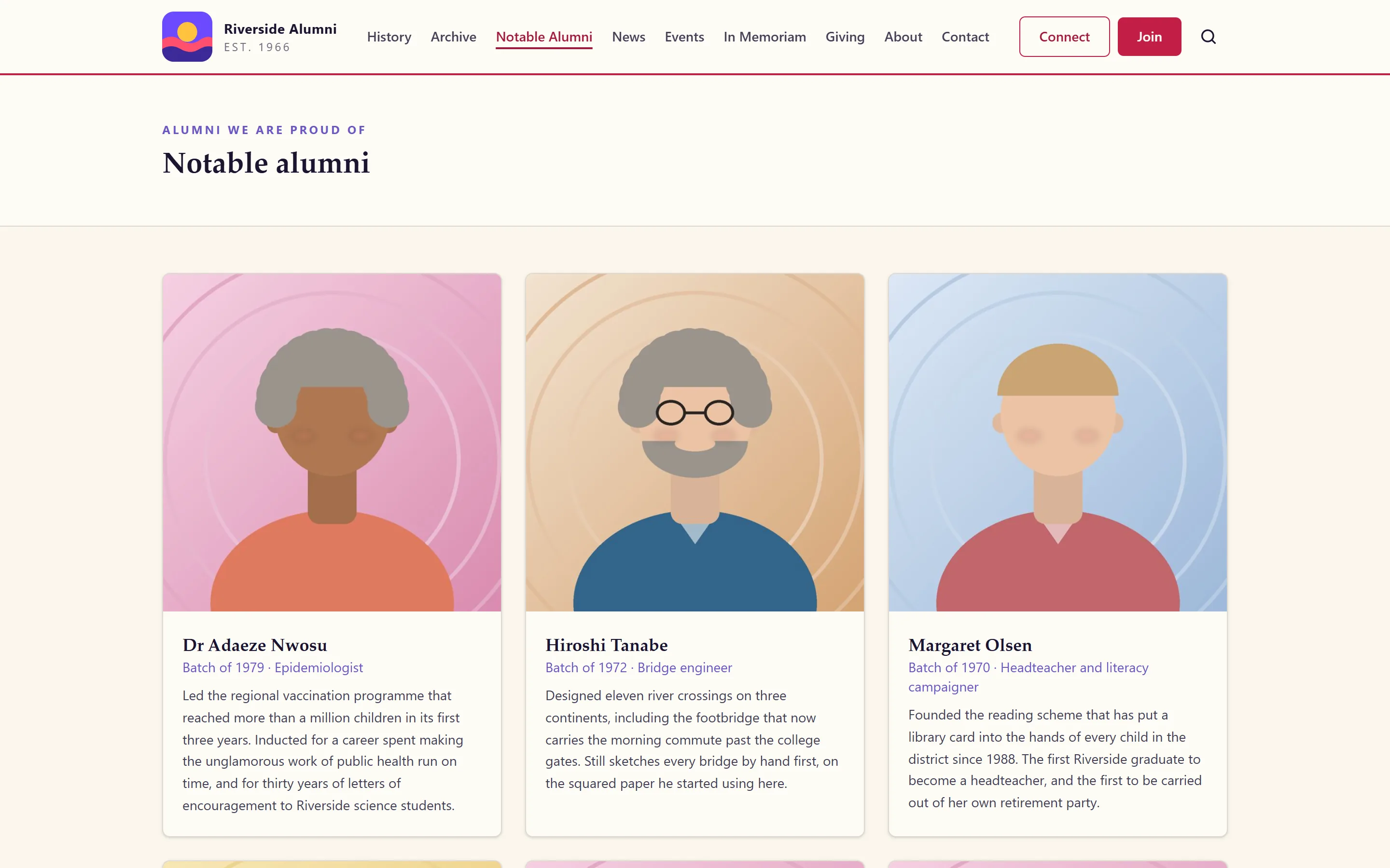 Notable alumni page with illustrated portraits, class years, professions and citations
