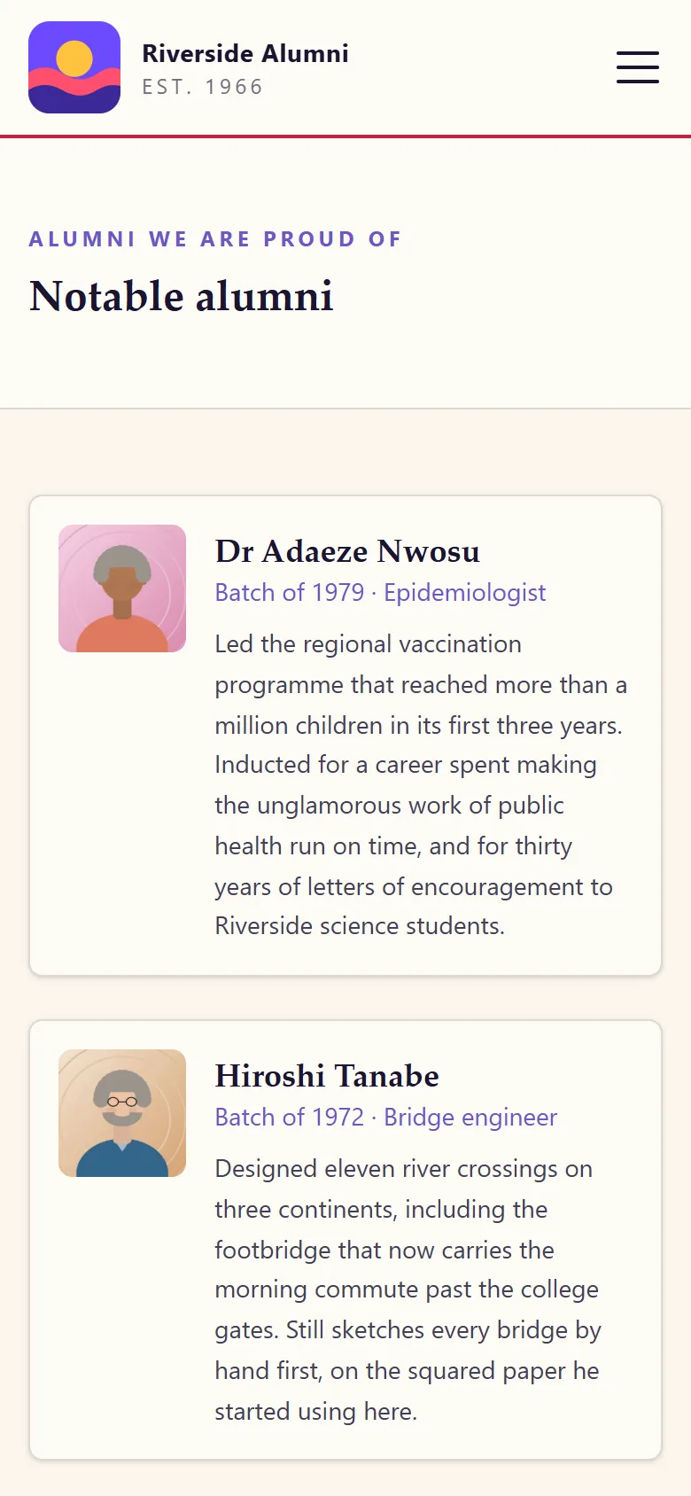 Notable alumni page on a phone with illustrated portraits, class years, professions and citations