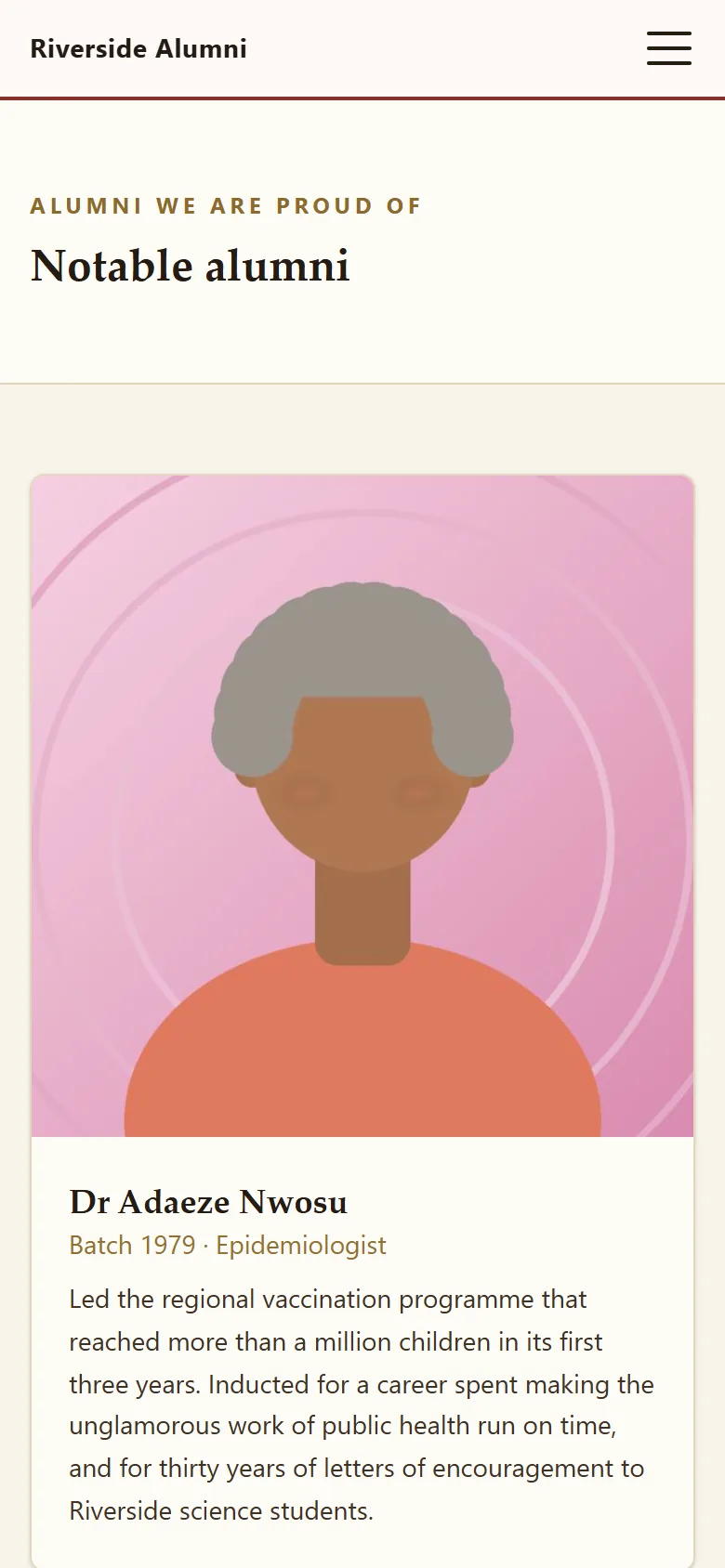 Notable alumni hall of fame with illustrated portraits, class years, professions and citations