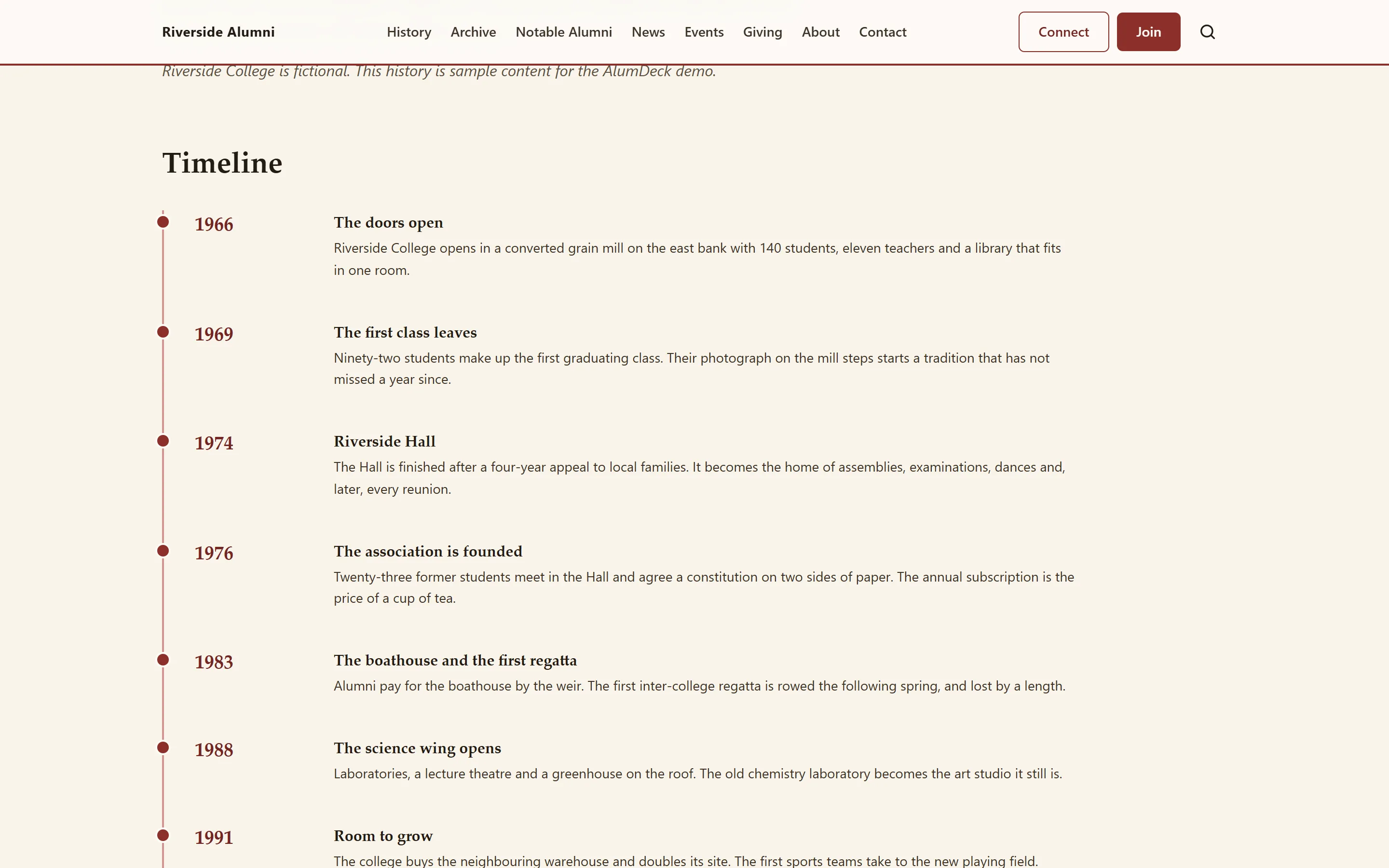 The Riverside College history timeline in the demo